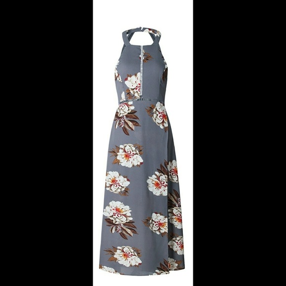 Gray boho floral open back halter top maxi dress - Picture 2 of 4